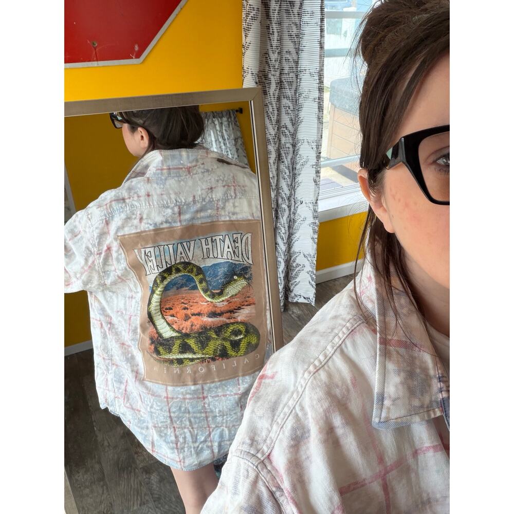 Death Valley upcycled custom flannel shirt tan graphic tee on back bespoke